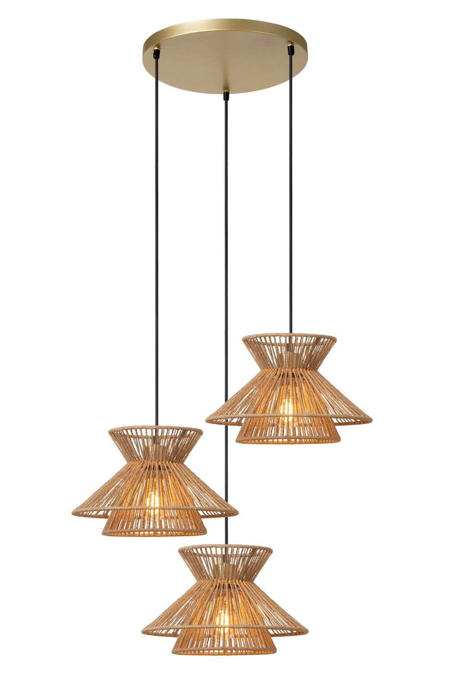 Suspension Tasman 3 lumières bois clair et dorée mat, papier