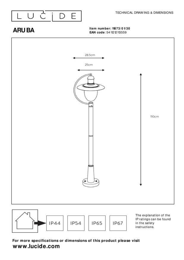 Schéma technique du lampadaire avec hauteur et largeur indiquées.