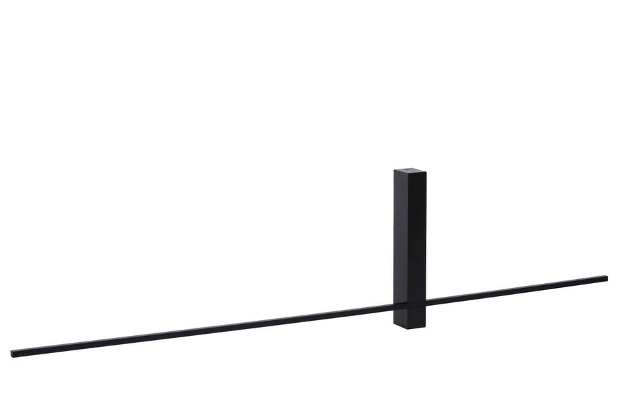 Luminaire noir présenté sur fond blanc, long tube et fixation murale centrale.