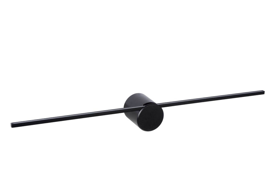 Vue latérale de l'applique murale noire montrant le support cylindrique central et la barre
