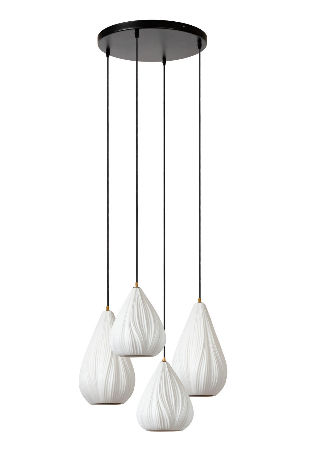 Vue de face suspension éteinte, porcelaine blanche texturée et structure métallique noire