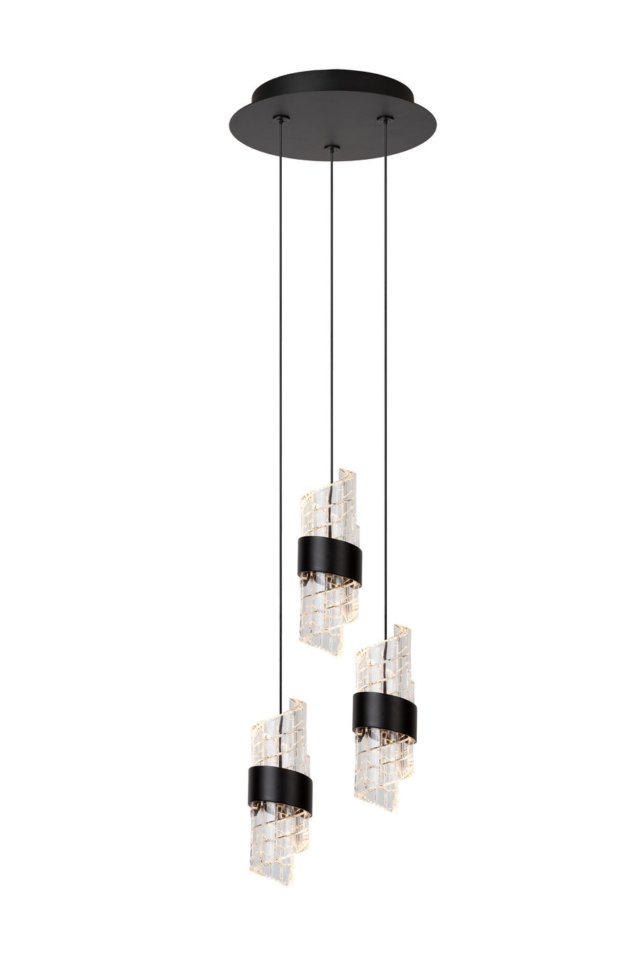 Produit entier de face, trois modules suspendus sous une rosace ronde noire