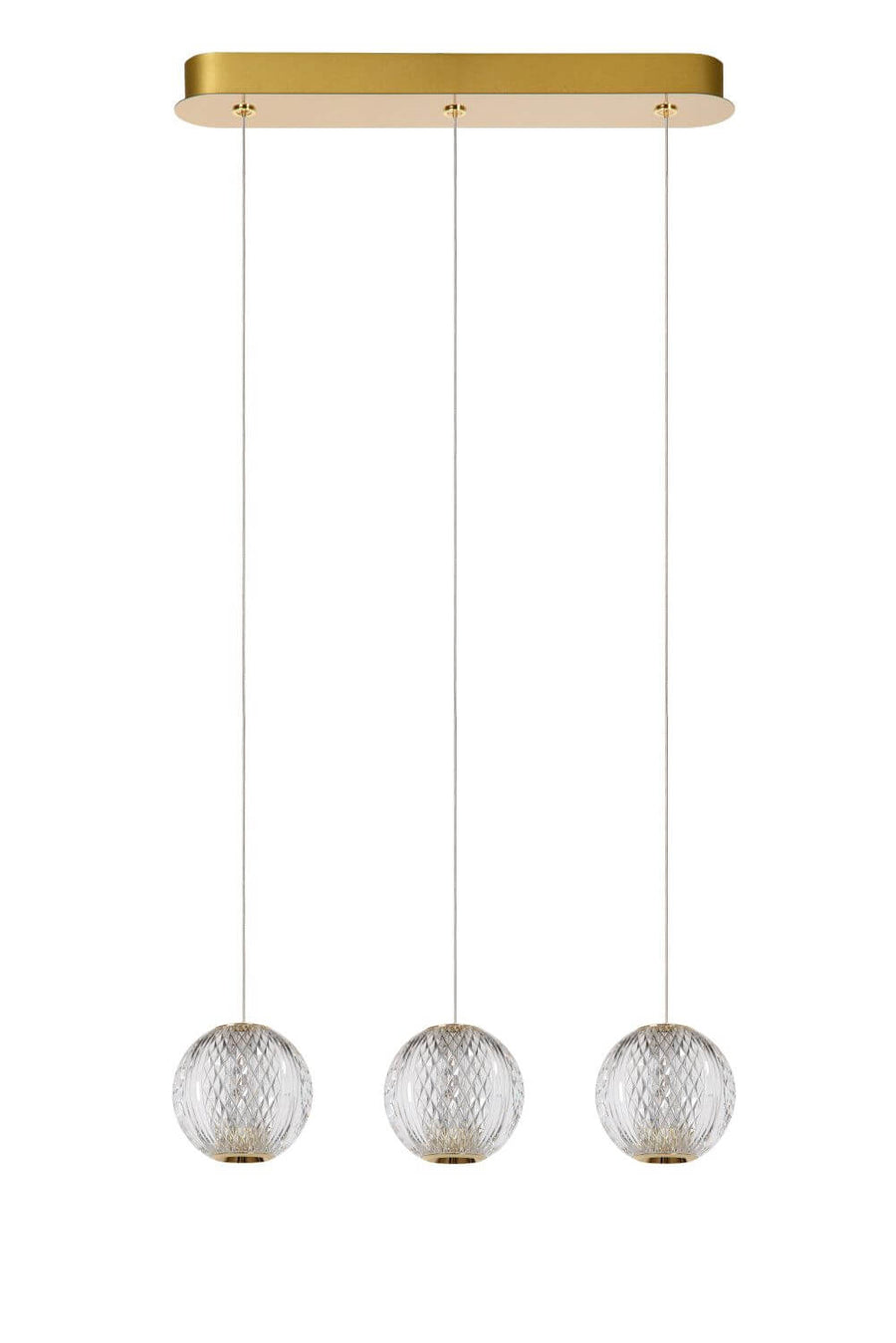 Trois globes transparents suspendus par de fins câbles sous une platine