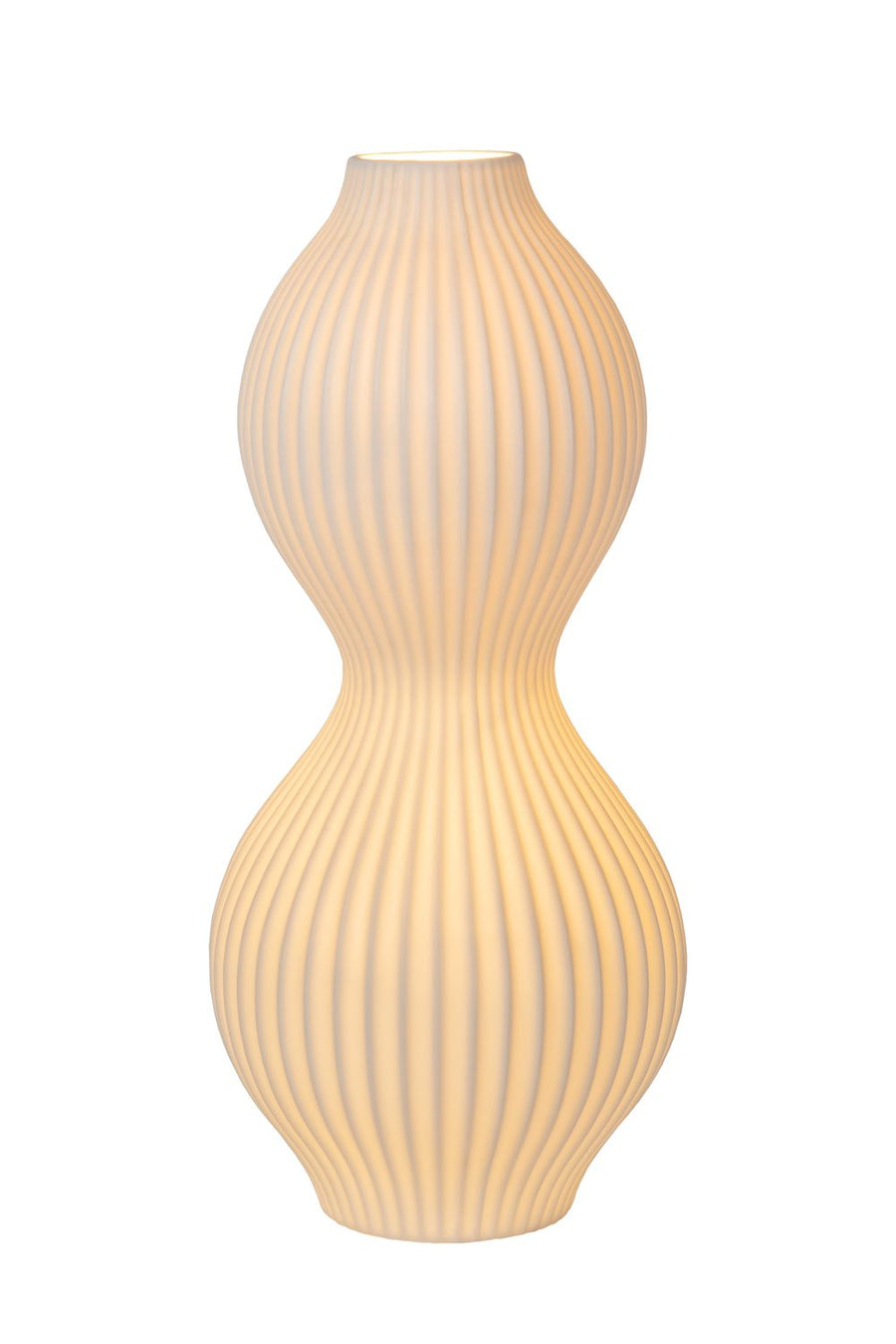 Produit de face, lampe allumée sur fond blanc, silhouette à double renflement