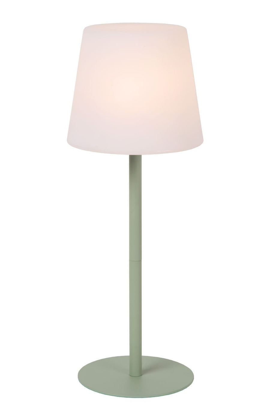 Vue de trois quarts du luminaire, abat-jour conique et tige fine vert sauge