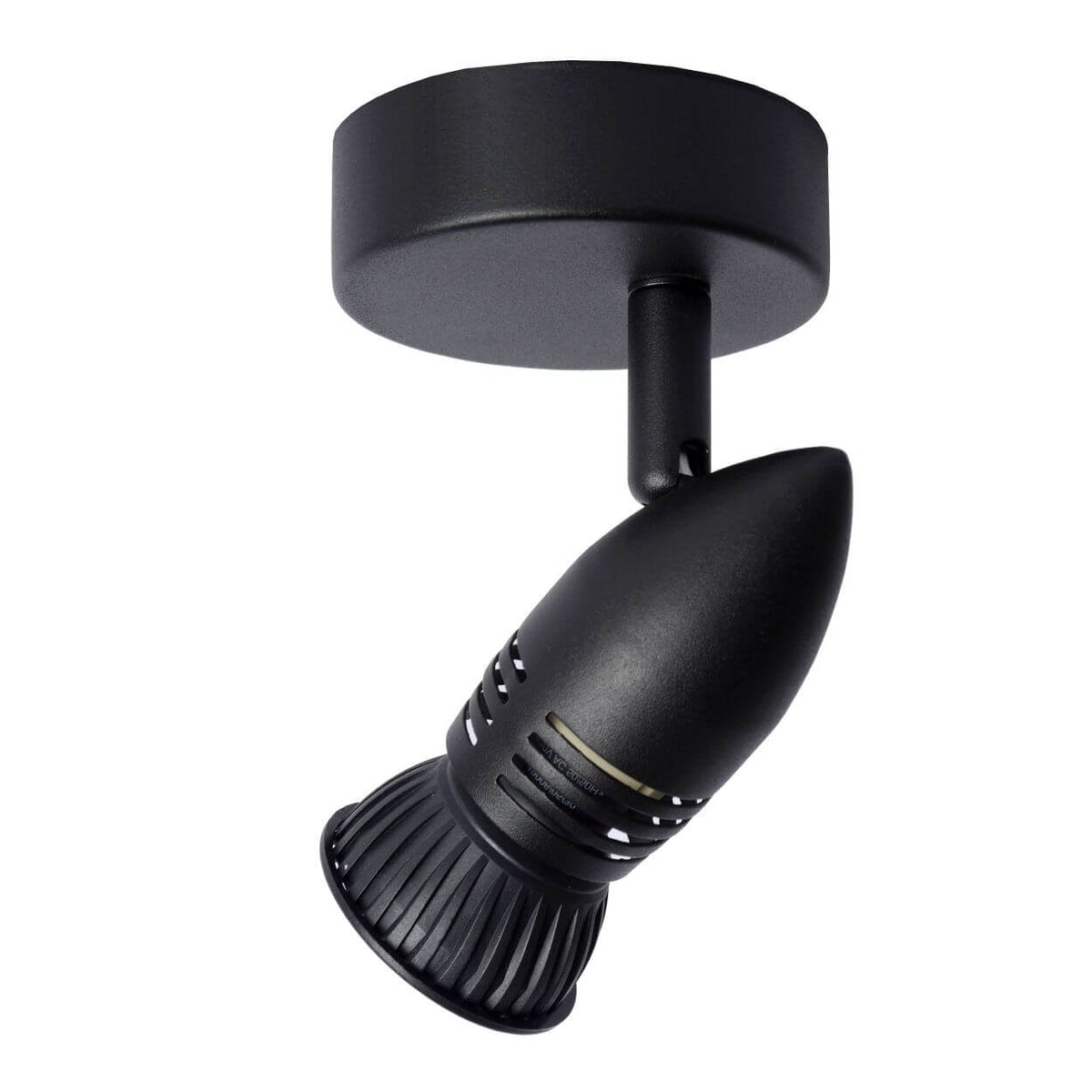 Spot plafonnier noir mat vu de profil, orientable et prêt à poser au plafond.