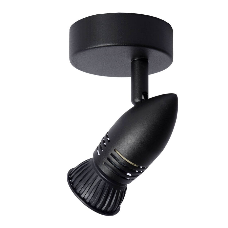 Spot plafonnier noir mat vu de profil, orientable et prêt à poser au plafond.