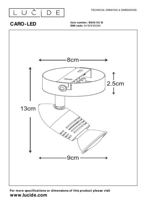Schéma technique avec dimensions du spot chromé orientable.