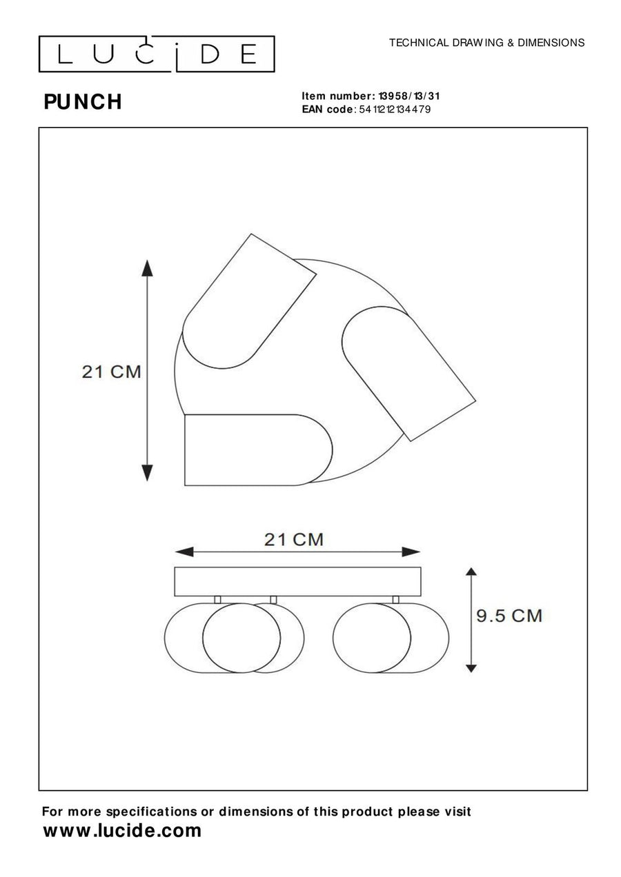 Schéma technique coté du plafonnier avec dimensions 21 cm et 9,5 cm