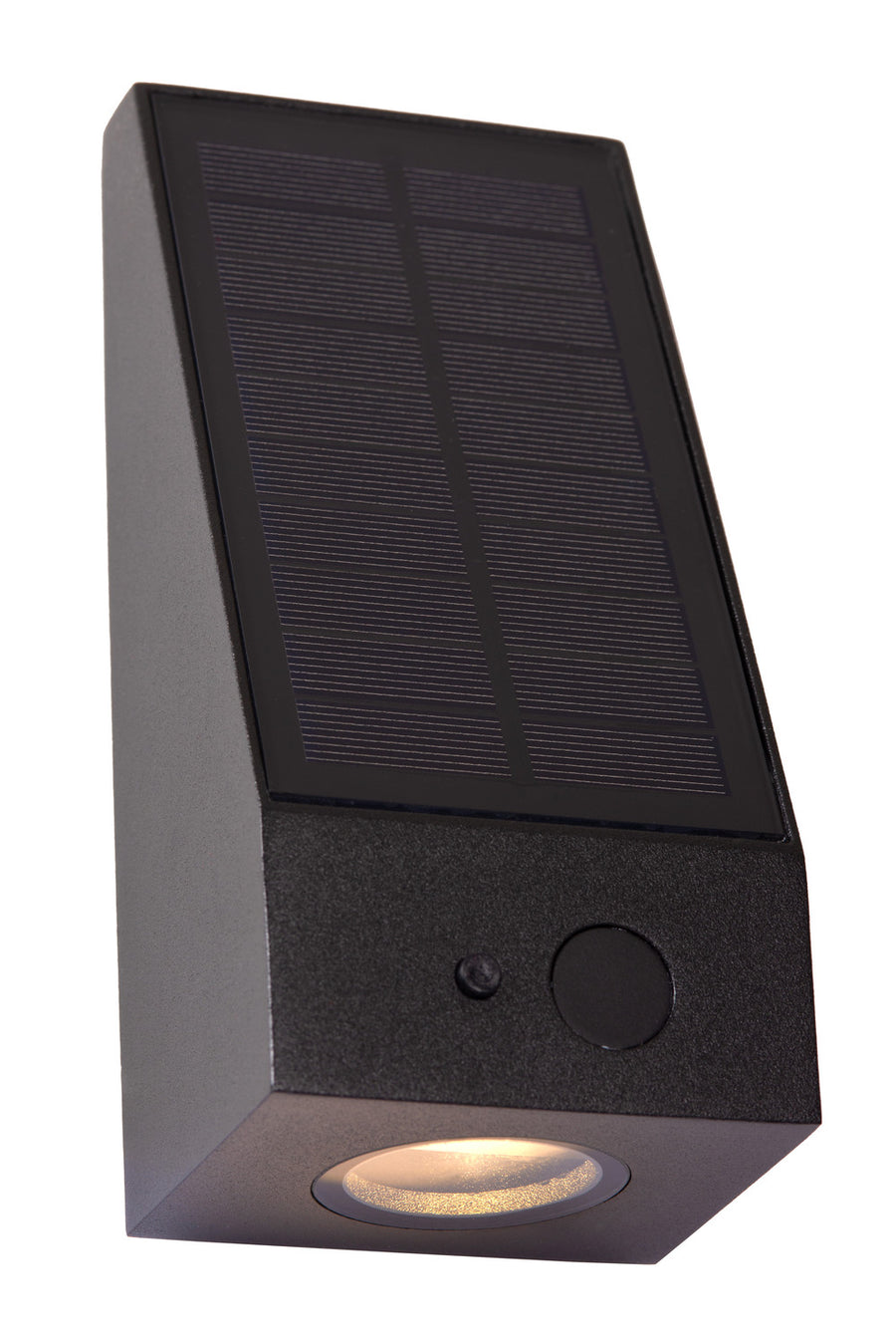 Vue de face de l'applique solaire noire avec grand panneau incliné et détecteur