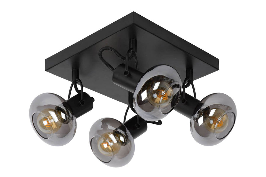Autre angle du plafonnier noir aux quatre globes de verre fumé