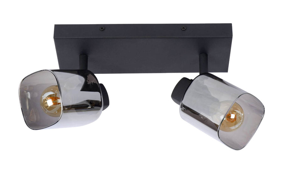 Détail des deux têtes orientables noires et de leurs diffuseurs en verre fumé transparent.