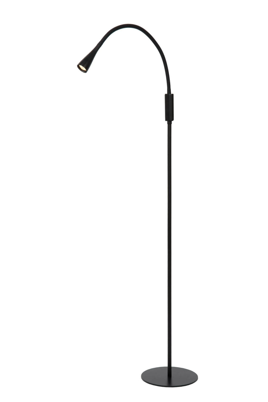 Vue de face sur fond blanc du lampadaire noir au long bras courbé
