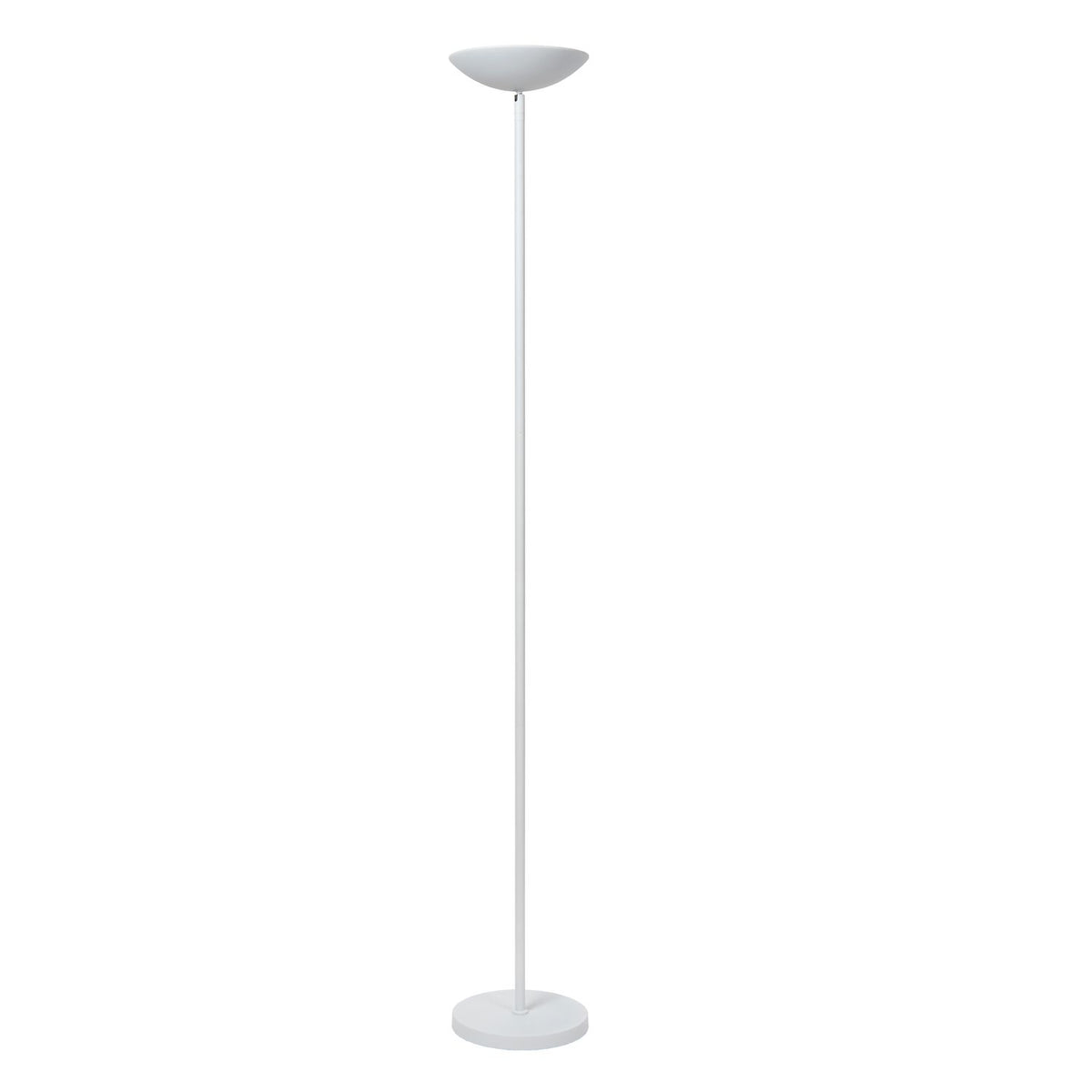 Lampadaire blanc droit vu de face, diffuseur circulaire orientable et base ronde.