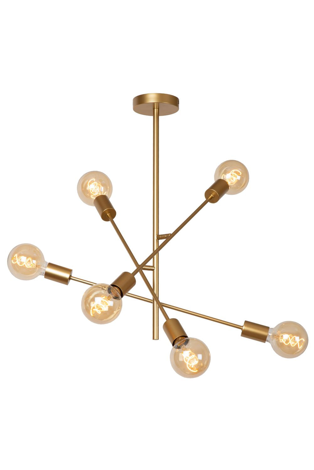 Vue de face du luminaire doré avec six globes lumineux, structure métallique et ampoules allumées