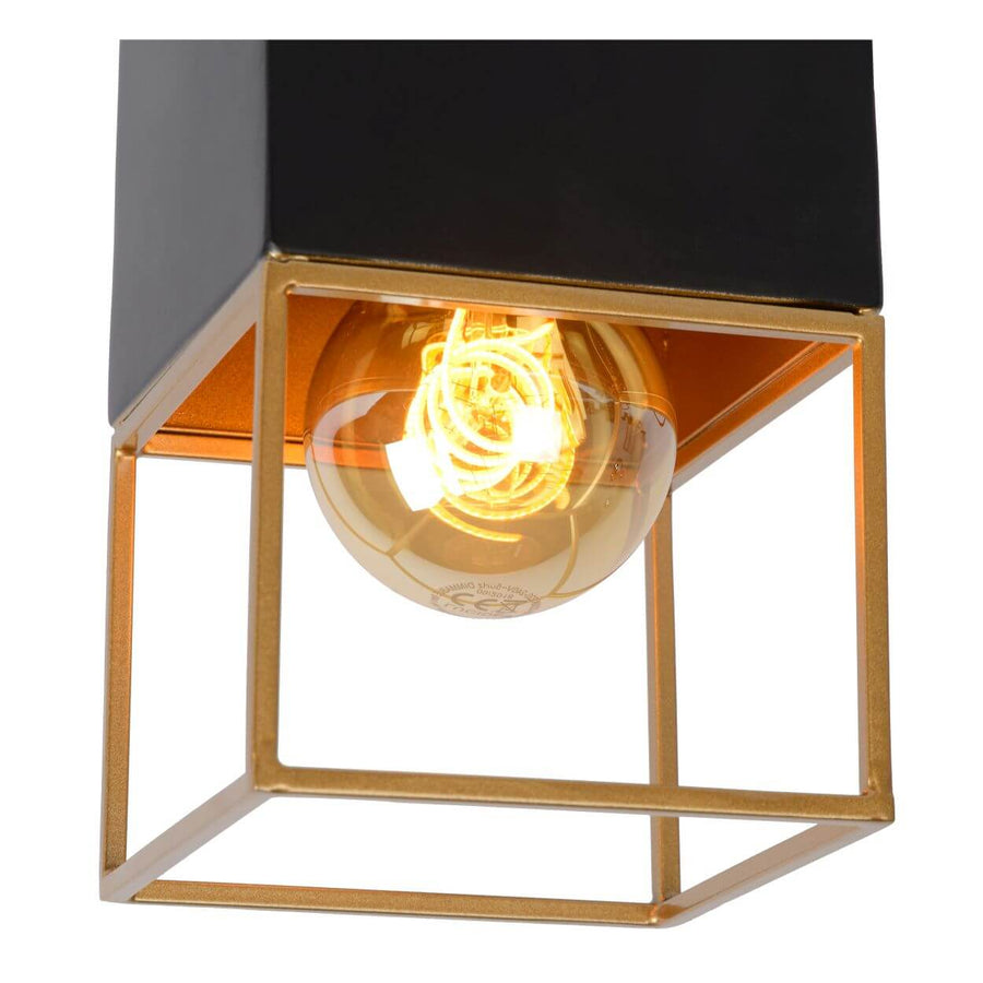 Gros plan sur la cage dorée et l'ampoule du plafonnier carré noir
