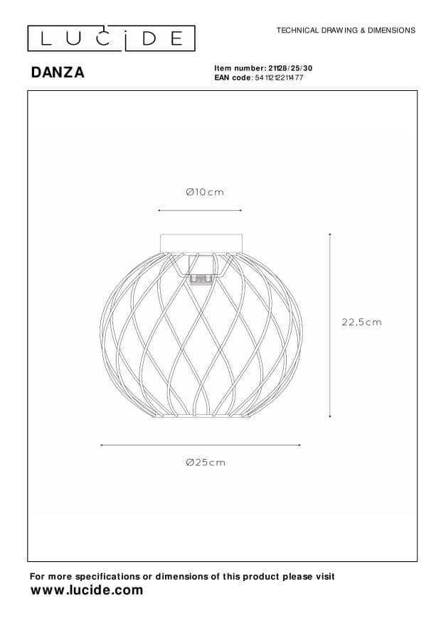 Schéma technique du plafonnier Danza avec dimensions diamètre 25 cm et hauteur 22,5 cm