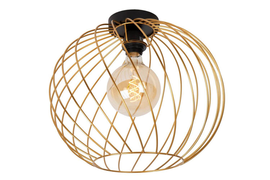 Vue en plongée du luminaire doré montrant la fixation noire au plafond