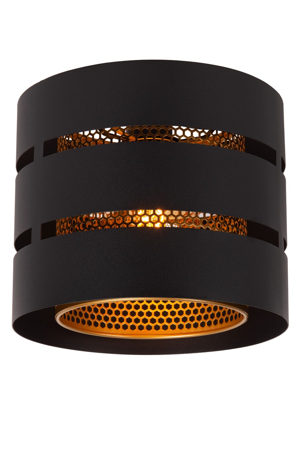 Vue rapprochée du luminaire montrant les deux bandes dorées à motif alvéolaire en nid d'abeille