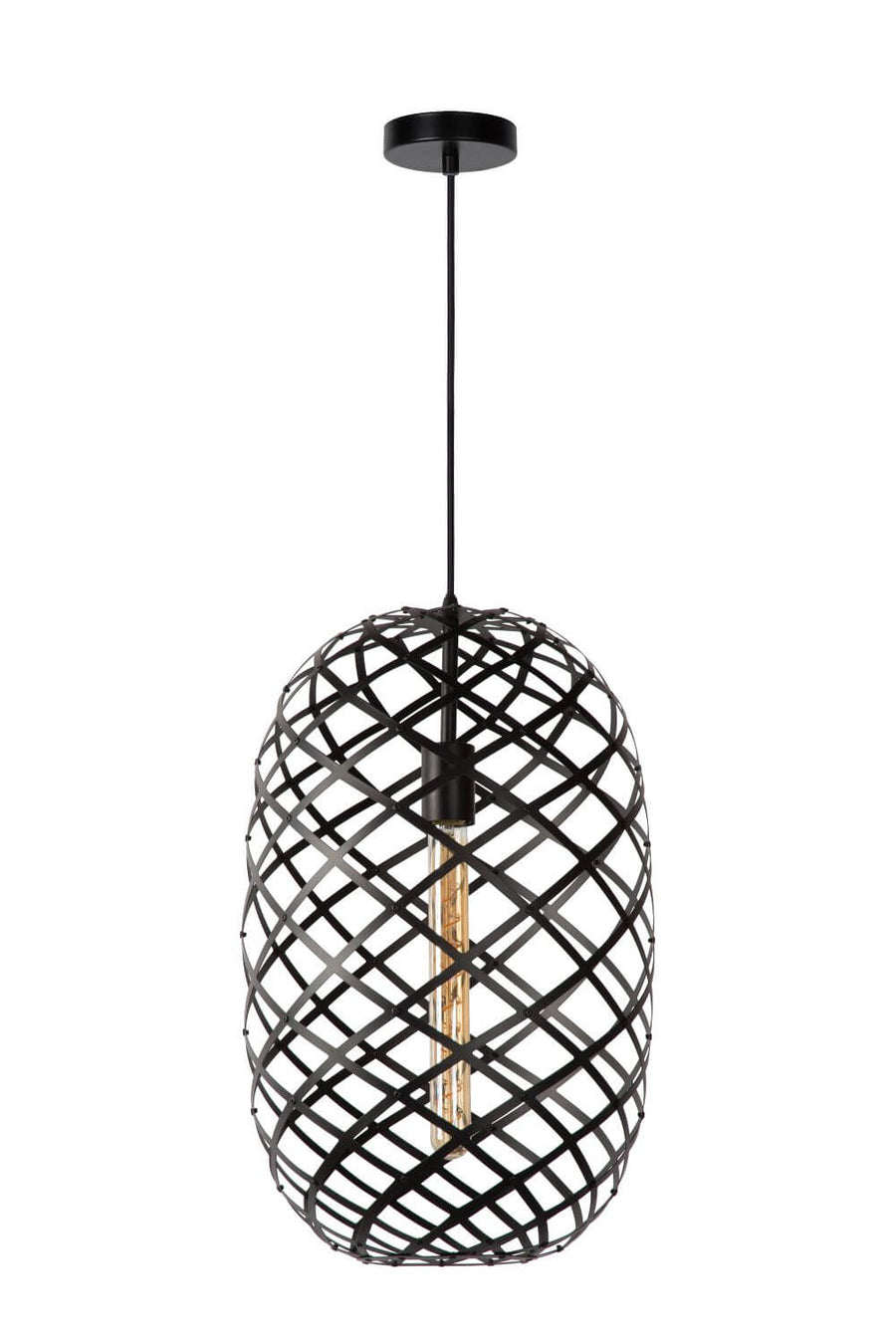 Vue d'ensemble du luminaire noir sur fond blanc, abat-jour cylindrique ajouré.
