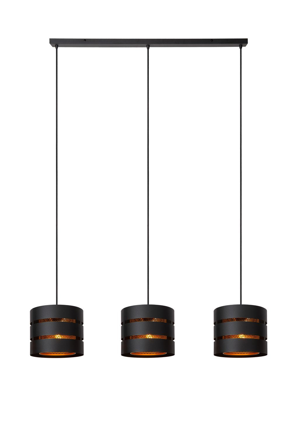 Suspension Rosas 3 lumières noire et dorée mat, L 130 cm