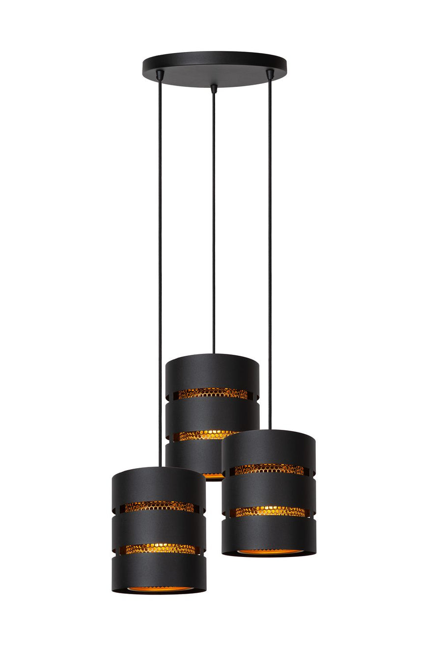 Vue de face de la suspension, trois abat-jours cylindriques noirs et dorés.