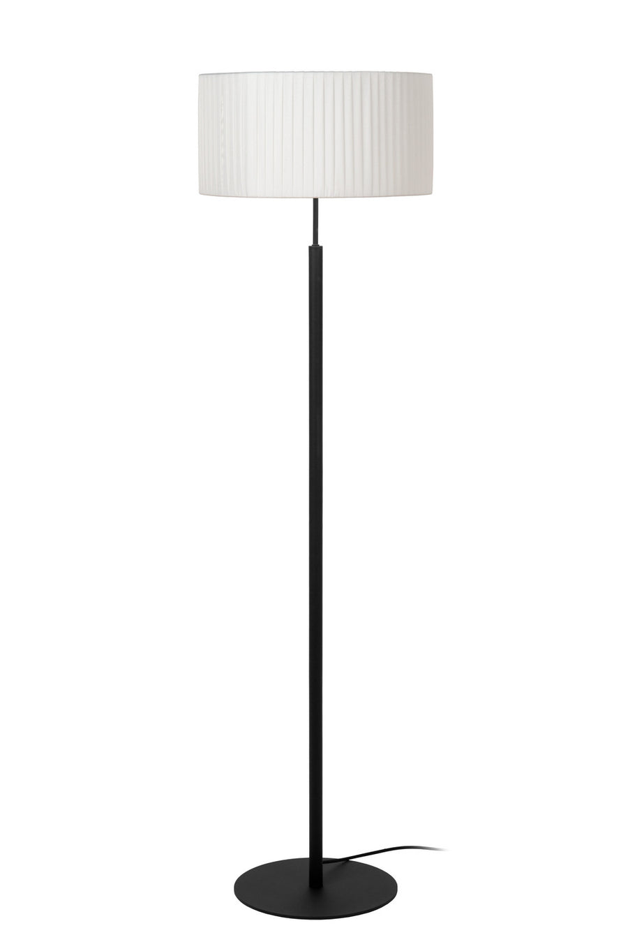 Lampadaire noir et blanc, abat-jour en tissu plissé, câble et socle visibles.