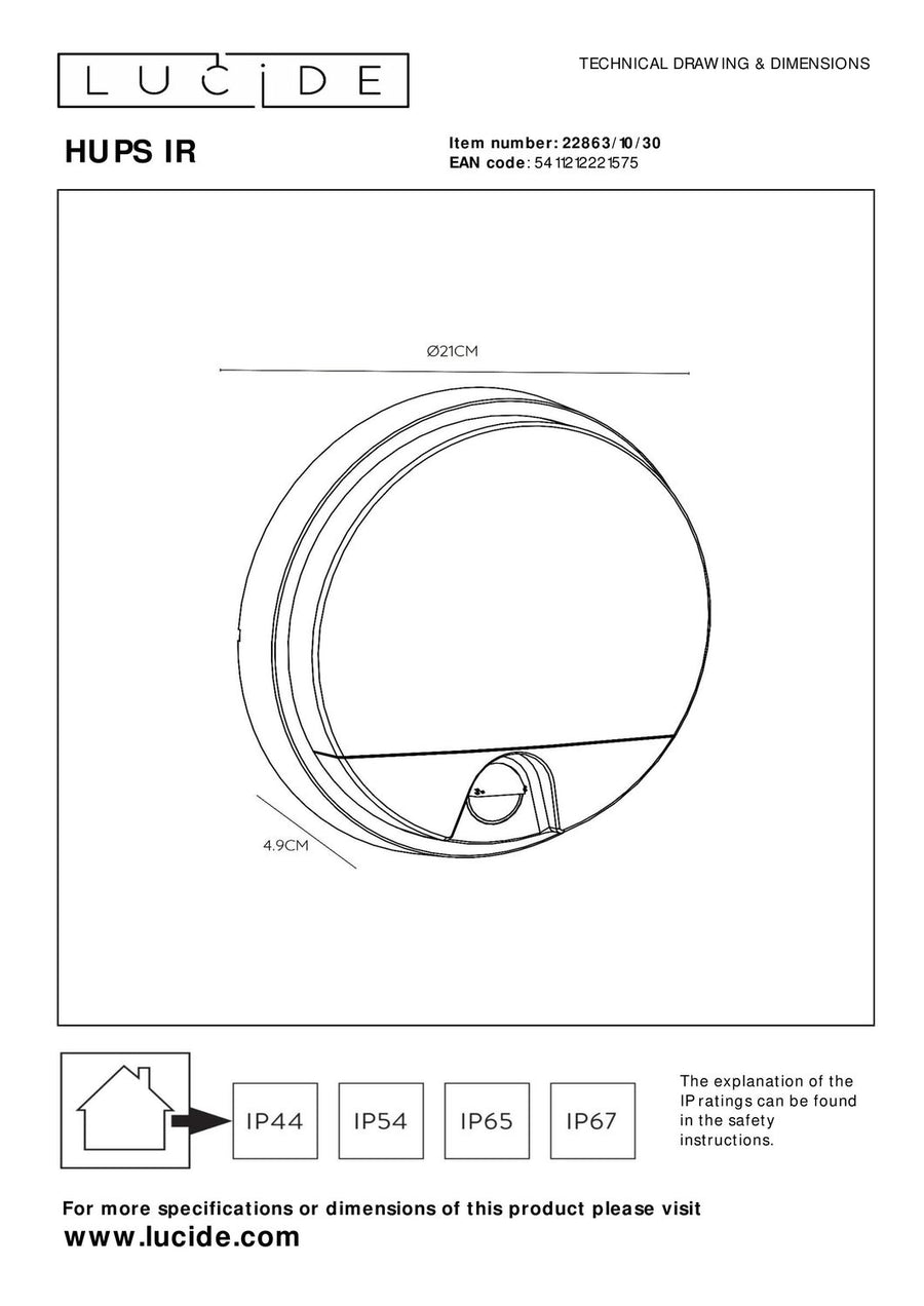 Schéma technique coté du luminaire rond avec diamètre 21 cm