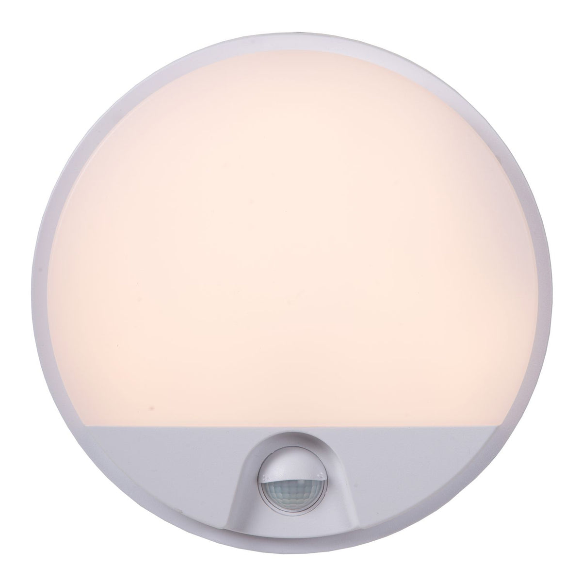 Vue de face d'une applique ronde blanche allumée avec détecteur en partie basse