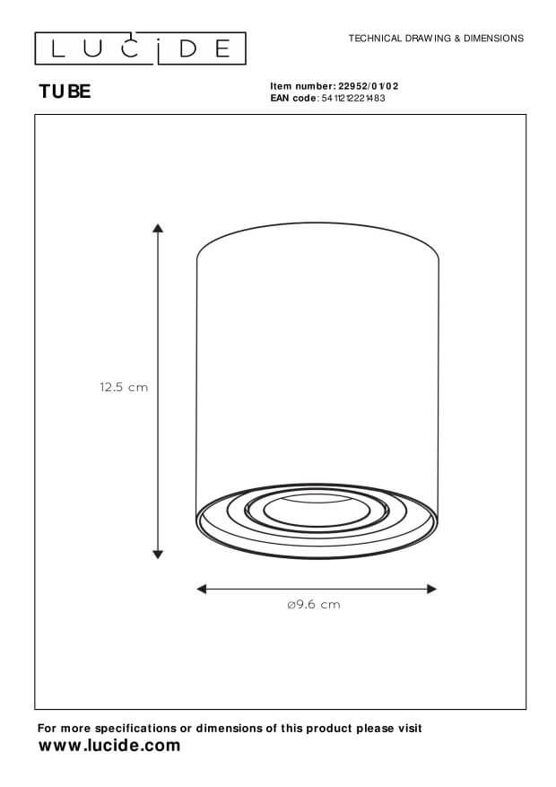 Schéma technique du luminaire avec dimensions : hauteur 12,5 cm et diamètre 9,6 cm.