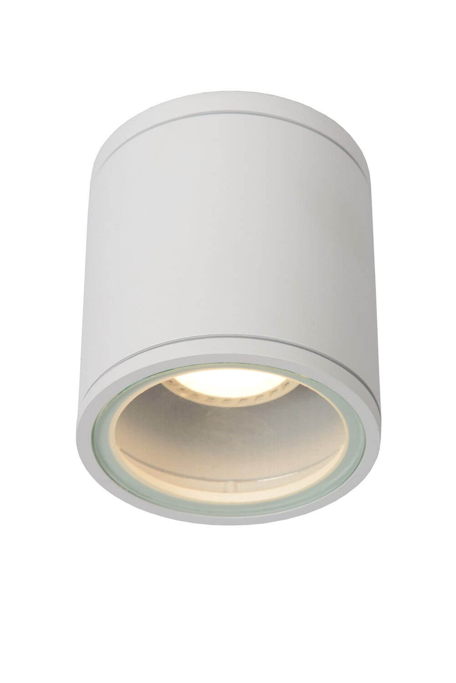 Vue de face du plafonnier blanc cylindrique avec diffuseur en verre