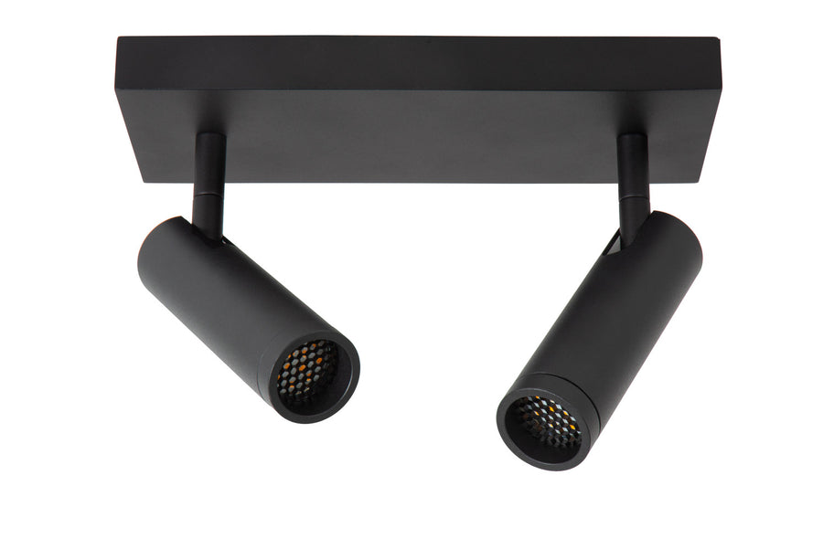 Vue frontale éteinte, lentilles LED visibles et base rectangulaire noire fixée au plafond