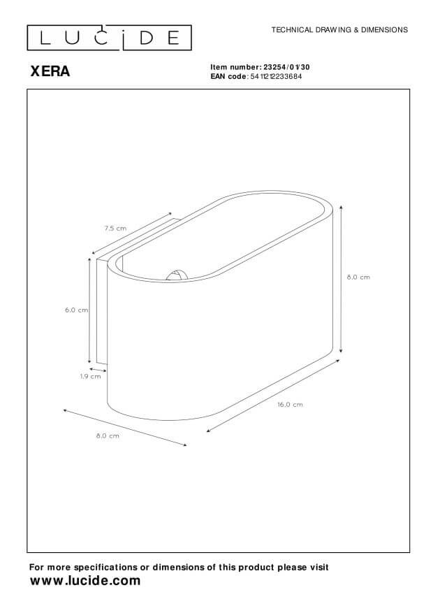 Schéma technique coté de l'applique avec dimensions en centimètres.