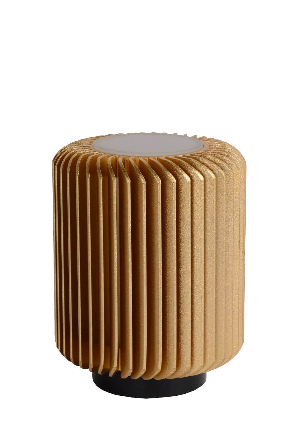 Luminaire éteint, présentant sa finition dorée mate et sa base cylindrique noire.