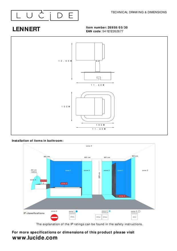 Schéma technique coté du luminaire avec cotes et zones d'installation en salle de bain