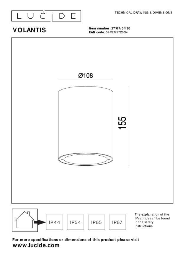 Schéma technique coté du luminaire, diamètre cent huit et hauteur cent cinquante-cinq