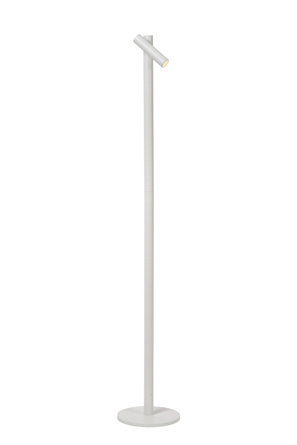 Lampadaire blanc sur fond blanc, vu de face avec sa tête inclinée.