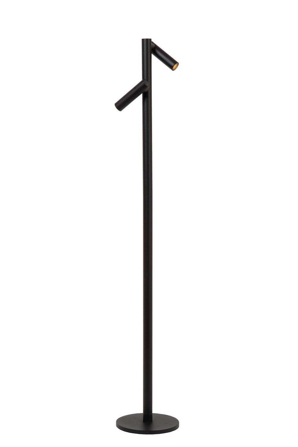 Vue de face du lampadaire noir sur socle rond, un projecteur allumé.