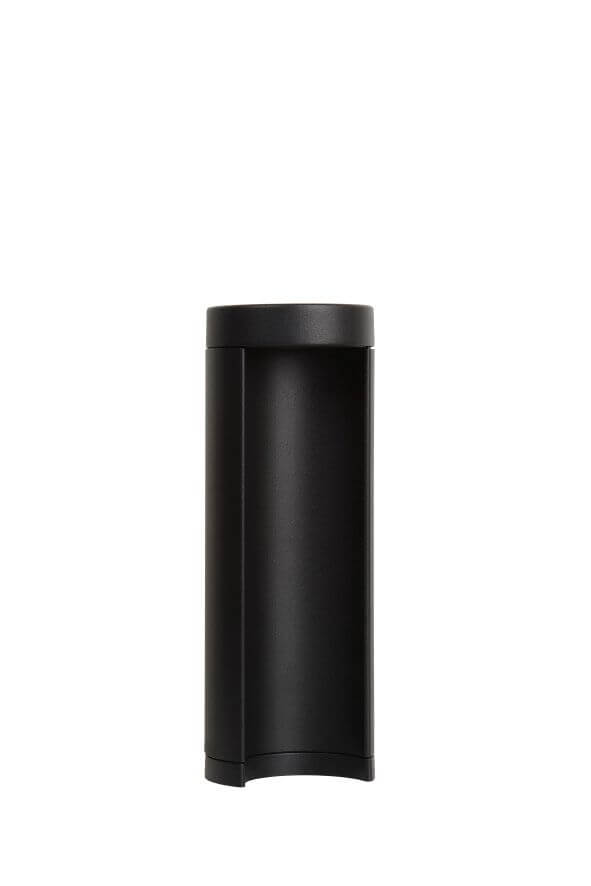 Vue de face du luminaire cylindrique noir éteint sur fond blanc, finition mate.