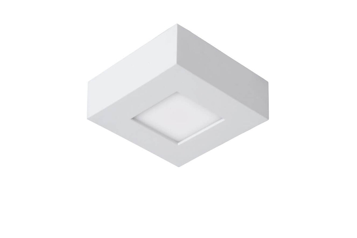 Vue de trois quarts du plafonnier carré blanc éteint, diffuseur blanc translucide.
