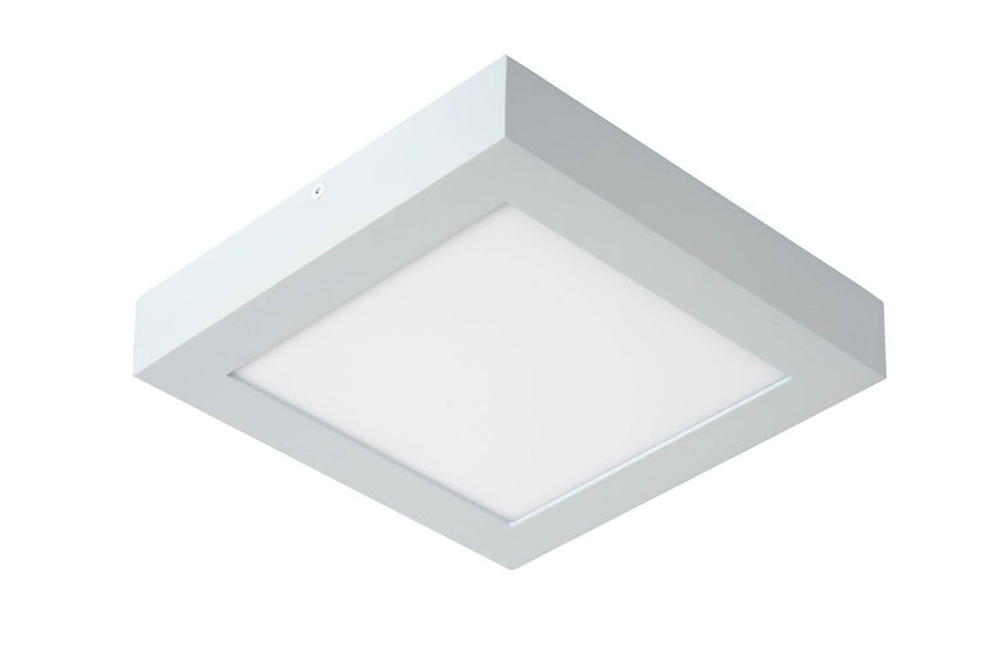 Vue plongeante du plafonnier carré blanc éteint, diffuseur dépoli et rebord saillant
