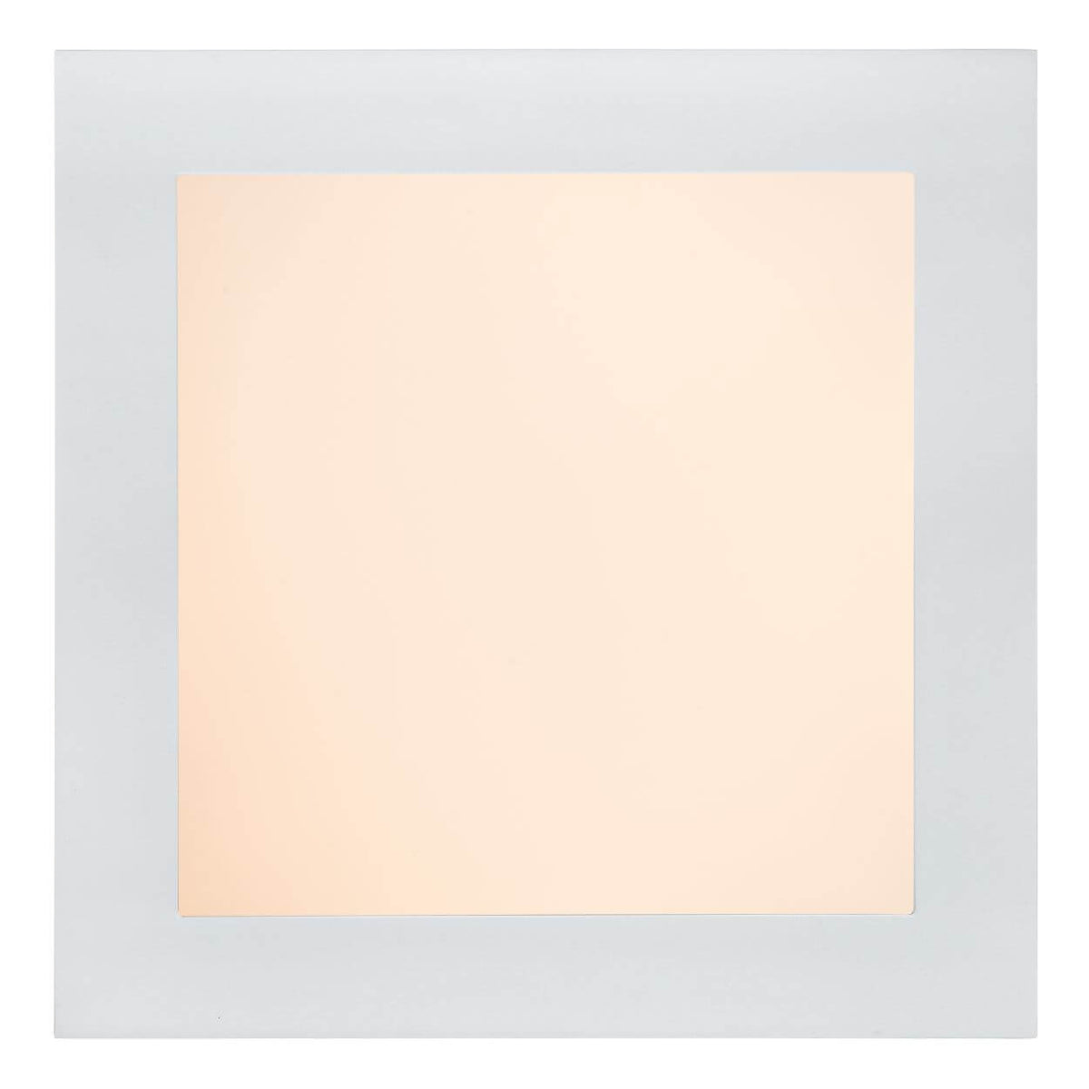 Vue de face du plafonnier carré blanc allumé, diffuseur lumineux uniforme et cadre fin