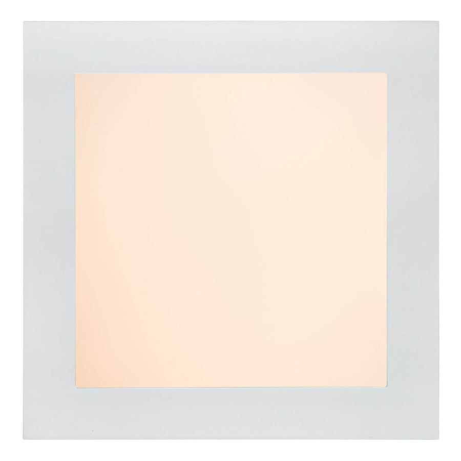 Vue de face du plafonnier carré blanc allumé, diffuseur lumineux uniforme et cadre fin