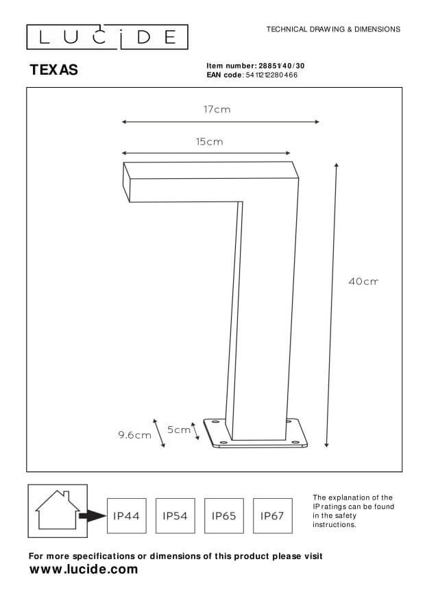 Schéma technique coté : hauteur 40 cm, largeur 17 cm, embase 9,6 cm.