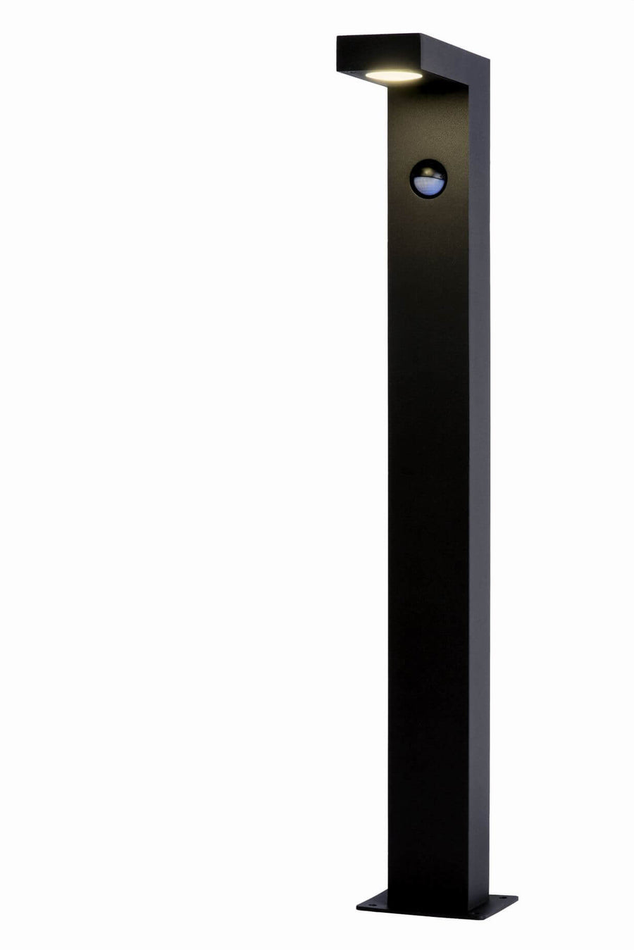 Produit sur fond blanc : borne verticale noire avec tête en angle et détecteur intégré.