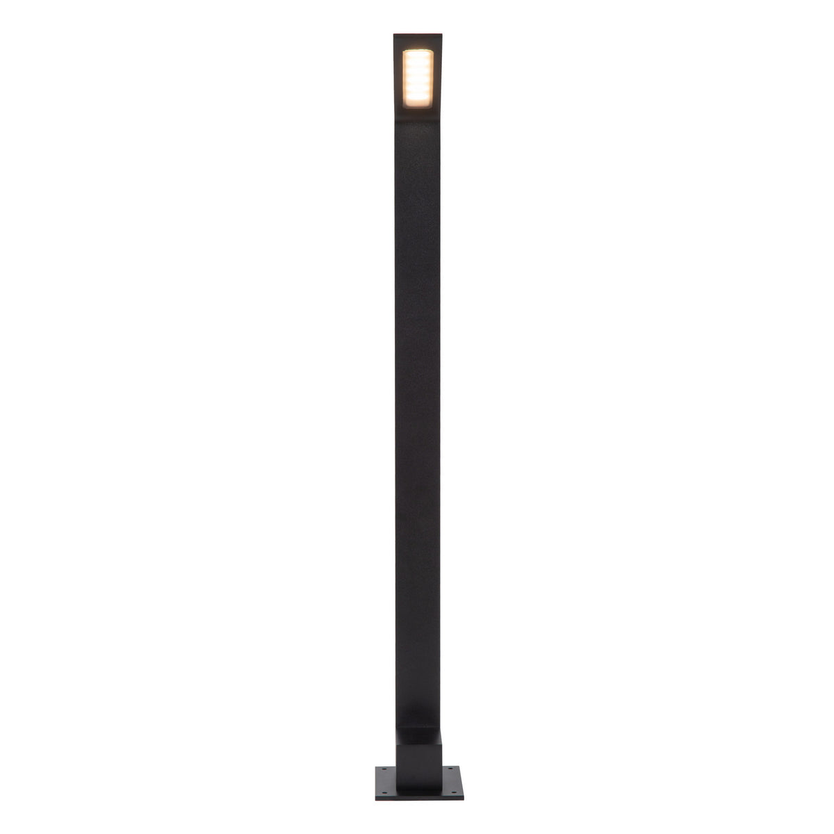 Face avant de la borne noire, rectangle lumineux au sommet du mât.
