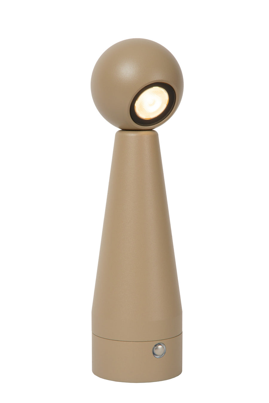 Vue de face du luminaire allumé, tête ronde et corps conique de couleur taupe.