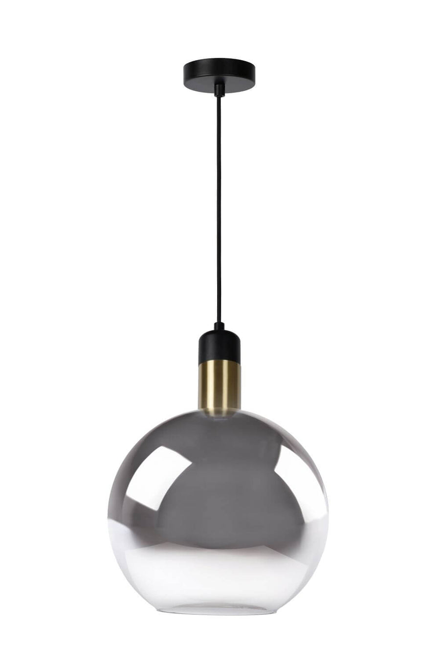 Suspension éteinte sur fond blanc, verre gris transparent et câble textile noir