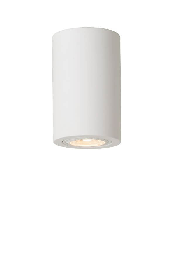 Vue de face du luminaire cylindrique blanc avec ampoule allumée visible en partie basse.