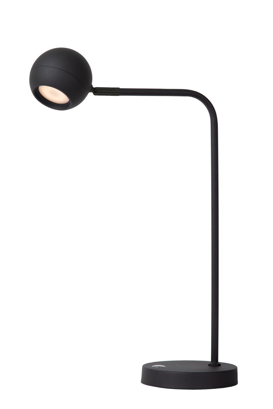 Vue de profil de la lampe de bureau noire avec tête sphérique orientable